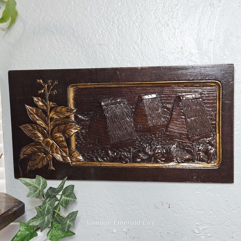 Vtg Wooden Carved Portrait Of An Island Village With Golden Palm Leaves Signed